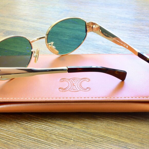 Celine CL4S235U Triomphe Gold Metal Frame Green Lenses Sunglasses - Picture 3 of 6